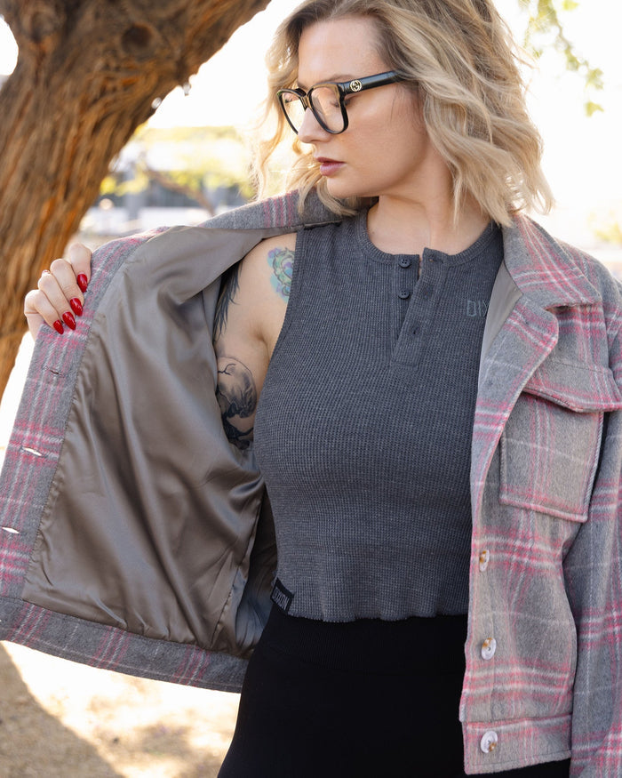 Women's Cropped Shacket - Grey & Pink - Dixxon Flannel Co.