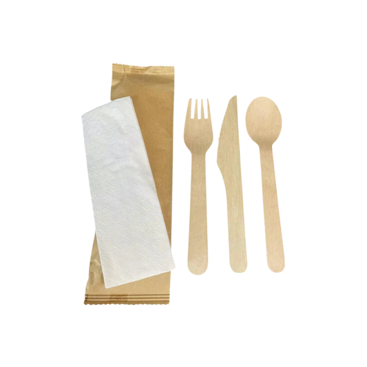 Wood Utensil Kit that includes a Knife, Fork, Spoon & Napkin
