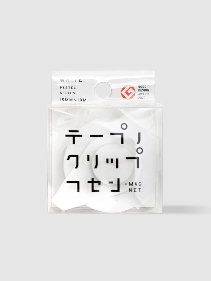Yamato Clip Memo Tape and Magnet, Pastel Series, White, Cloth and Paper. White clip memo tape in its packaging against a neutral background.